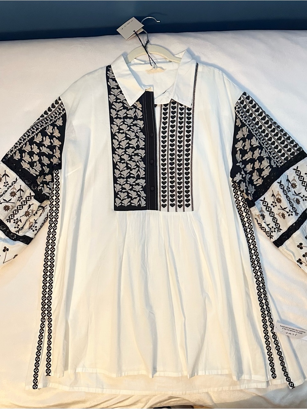 EAST Embroidered Artisan Tunic Collared Blouse XL Handcrafted India Black White
